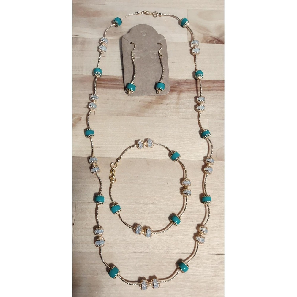 Handmade Gold Plated Turquoise Crystal Bead Necklace Bracelet Earring Set 3pc
